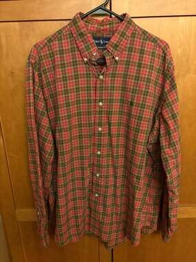 Ralph Lauren Classic Fit Red and Olive Green Plaid Button Down Shirt Men's XL